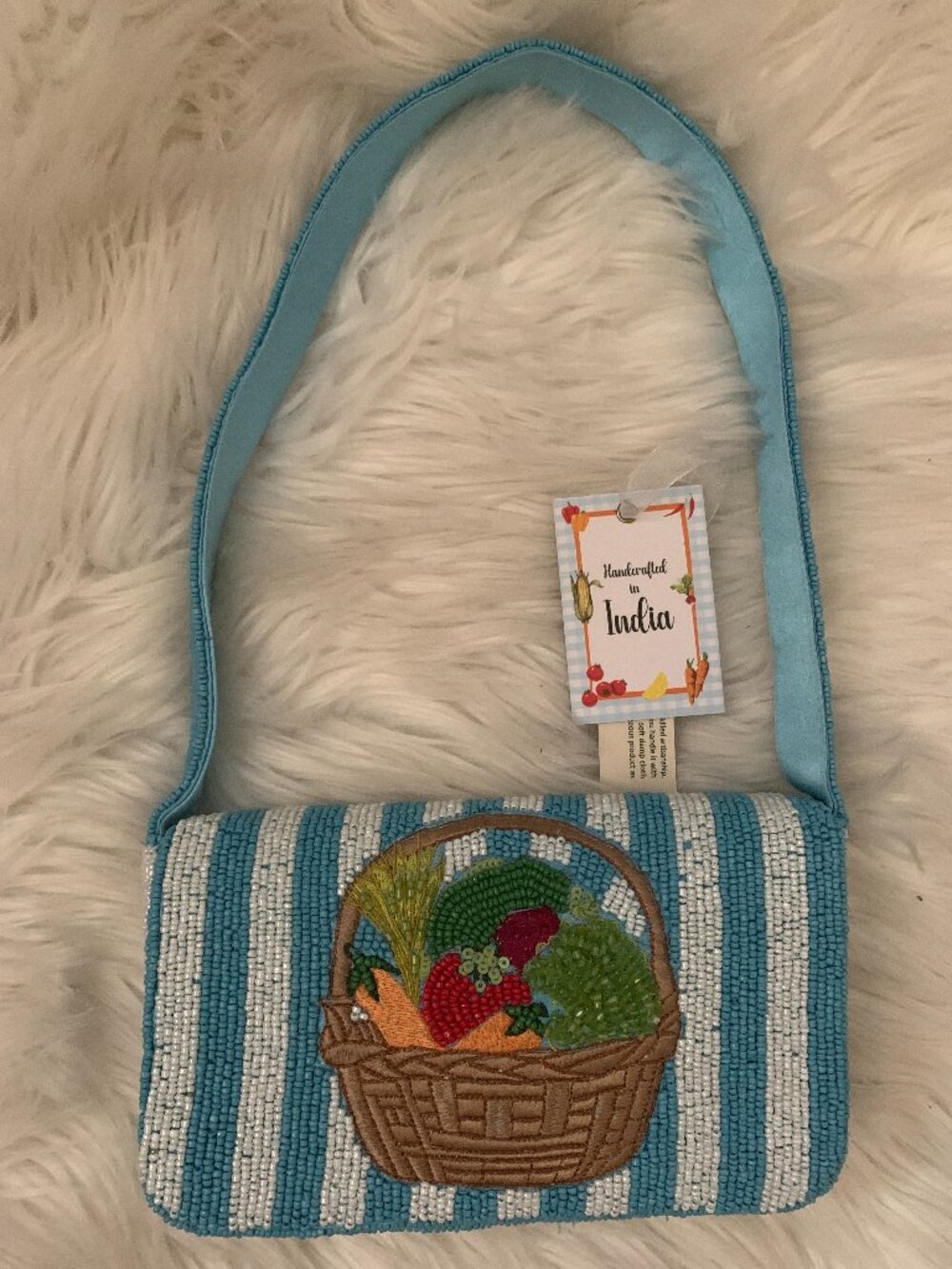 HANDCRAFTED IN INDIA Harvest Basket Striped Seed Beaded Clutch Bag in Blue/White